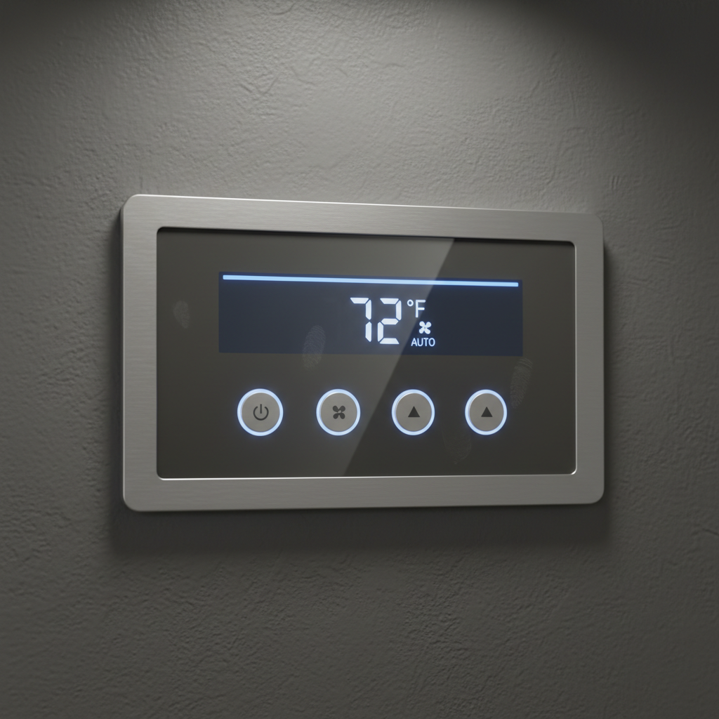 A detailed close-up of a high-efficiency air conditioning control panel mounted on a textured, matte gray wall. Sleek digital display with subtle blue illumination and neatly arranged buttons, the panel's surface features light fingerprints, hinting at regular use. Soft, diffused overhead lighting highlights the display's clarity and the unit’s clean edges, with delicate reflections along the screen. The scene feels calm and controlled, conveying trust and modernity. Photographed with a slightly elevated, tight crop for focus on technological sophistication. The neutral palette and minimalist design align with a professional, business-oriented image for an HVAC solutions provider.
