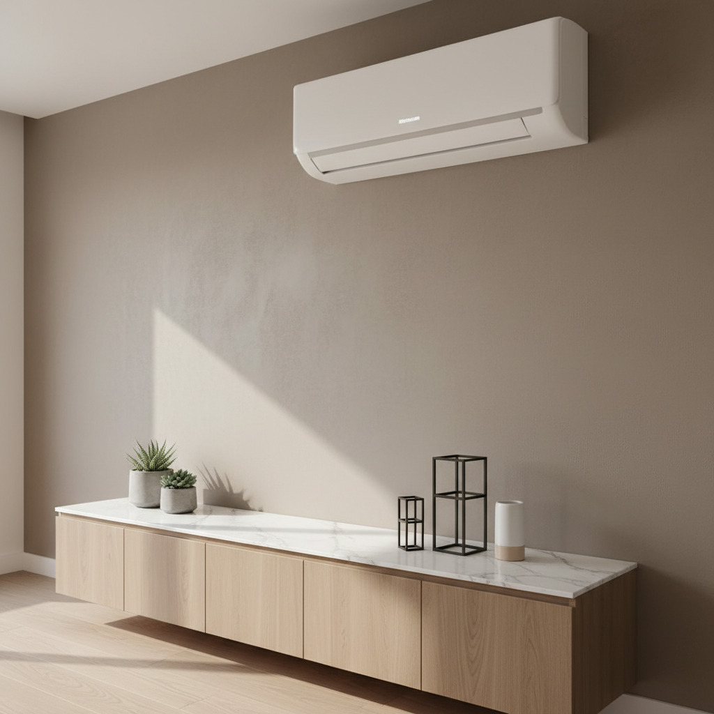 A freshly installed, state-of-the-art ductless mini-split air conditioner in pristine white, mounted high on a taupe-colored living room wall. Below, a low modern cabinet with a marble top and minimalist décor—succulent plants and geometric sculptures—offers structure to the scene. Afternoon daylight streams through an unseen window to the left, producing even illumination and soft, elongated shadows that accentuate the unit’s streamlined, minimalist profile. The space feels comfortable and orderly, designed to showcase both home comfort and HVAC technology. Shot at a slightly low upward angle, employing the rule of thirds to artfully frame the unit, reinforcing a sense of contemporary professionalism. The clean, photographic style communicates reliability and aesthetic harmony.